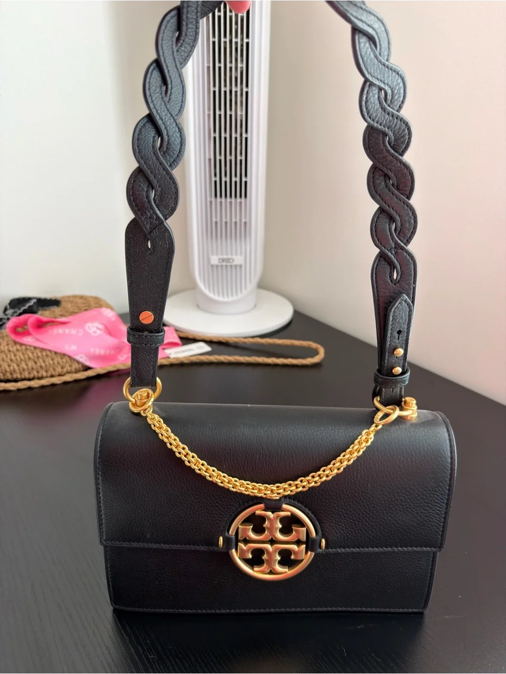 Tory Burch Black Leather Shoulder Bag with Gold Logo and Chain